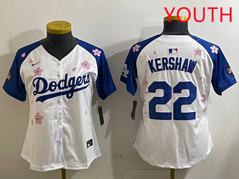 Youth Los Angeles Dodgers #22 Kershaw White Blue Sakura Edition 2025 Nike MLB Jersey style 1->youth mlb jersey->Youth Jersey